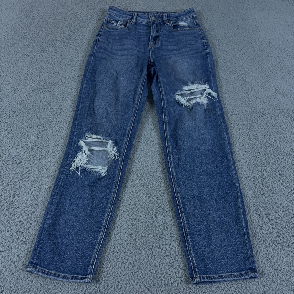 American Eagle Jeans Womens 2 Blue Straight Mom Mid Rise Medium Wash Stretch